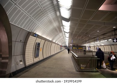 New York - February 18 2021: NYC Subway Tunnel In Hudson Yards, Manhattan. Modern Subway Station