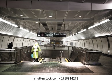 New York - February 18 2021: NYC Subway Tunnel In Hudson Yards, Manhattan. Modern Subway Station