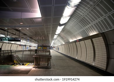 New York - February 18 2021: NYC Subway Tunnel In Hudson Yards, Manhattan. Modern Subway Station