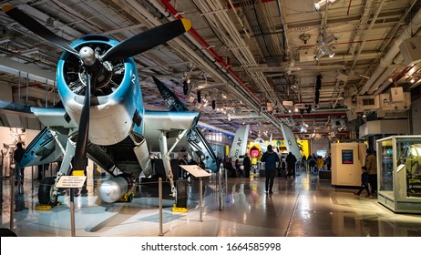 NEW YORK - FEBRUARY, 2020: Plane Inside Intrepid Sea, Air And Space Museum In New York, Docked On The Hudson River.