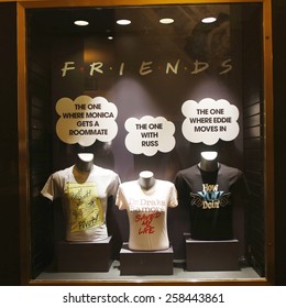 NEW YORK - FEBRUARY 26, 2015: Window Display Decorated With Friends TV Show Logo In Rockefeller Center In Midtown Manhattan