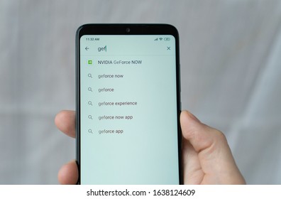 New York - February 6, 2020: Search For NVIDIA GeForce NOW Application In The Play Market On A Smartphone.