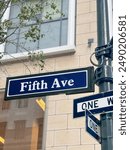 New York, Fifth ave street signs in Manhattan New York downtown. Blur buildings facade background or surface in United States America. one way direction and fifth avenue street sign in America.