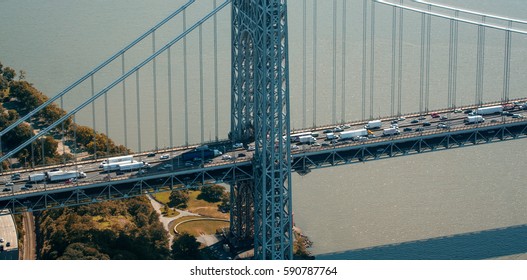 New York. Heavy Traffic On The George Washington Bridge As Seen From Helicopter.