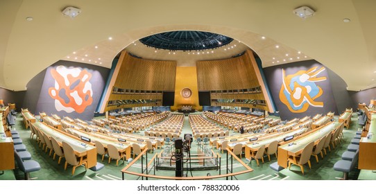 NEW YORK - JAN 18: Panorama View Of General Assembly Hall At United Nations Headquarters On Jan 18, 2017 In New York, USA.