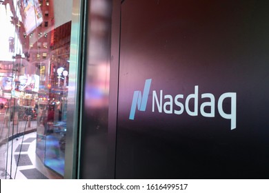 NEW YORK - JANUARY 13, 2020: NASDAQ Brand Logo Sign At TIMES SQUARE Exterior Location