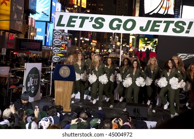 NEW YORK - JANUARY 21: Jets Flight Crew Perform At The New York Jets AFC Championship Game Pep Rally In Times Square On January 21, 2010 In New York City.