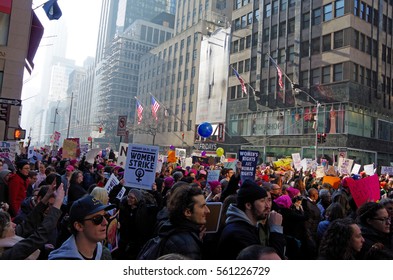New York, New York- January Twenty First: Protesters gather for womens march in New York City. January 21st 2017, Manhattan, New York.