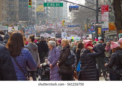 New York, New York- January Twenty First: Protesters gather for womens march in New York City. January 21st 2017, Manhattan, New York.