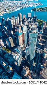 NEW YORK - JULY 02 2016: Aerial view of the Freedom Tower at One World Trade Center, Manhattan, New York