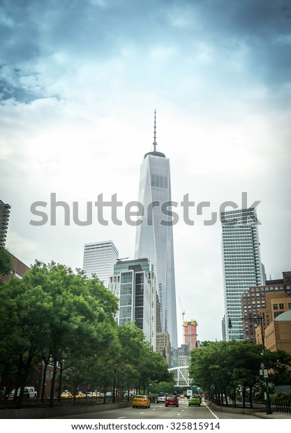 NEW YORK - JULY 13: Freedom Tower (1 WTC) in\
Manhattan on July 13, 2015. One World Trade Center is the tallest\
building in the Western Hemisphere and the third-tallest building\
in the world.