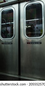 NEW YORK - JULY 14, 2014: MTA Subway Train Doors And Windows In New York. The NYC Subway Is A Rapid Transit/transportation System In The City Of NY.