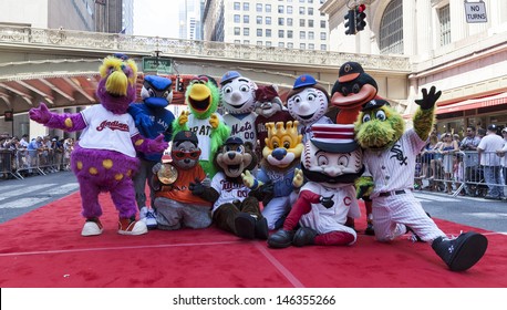 NEW YORK - JULY 16: MLB teams mascots pose on red carpet during the MLB All-Star Game Red Carpet Show along 42nd street on July 16, 2013 in New York