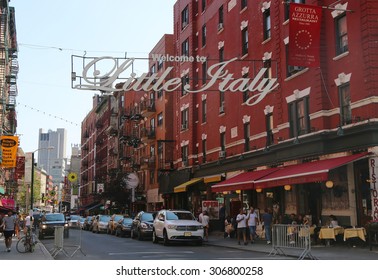 NEW YORK - JULY 17, 2015: Welcome to Little Italy sign in Lower Manhattan. Little Italy is an Italian community in Manhattan.