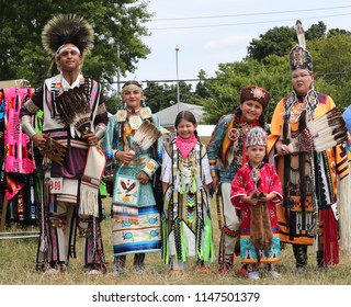 NEW YORK - JULY 29, 2018: Unidentified Native American Family During 40th Annual Thunderbird American Indian Powwow. A Pow-wow Is A Gathering And Heritage Celebration Of North America's Native People