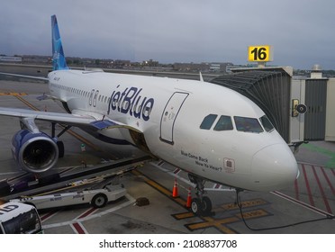 NEW YORK- JULY 3, 2021: JetBlue plane on tarmac at John F Kennedy International Airport in New York 