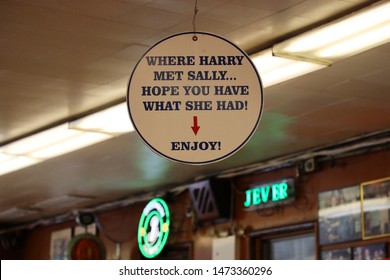 NEW YORK - JULY 30, 2019: Famous Where Harry Met Sally sign in Historical Katz's Delicatessen. Since its founding in 1888, it has become popular among locals and tourists for its pastrami sandwiches