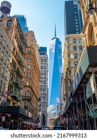 New York New York - July 30 2021: One World Trade Center Seen In Manhattan On A Sunny Day Looking West Amongst Historic Buildings