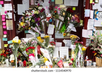 NEW YORK - JUNE 10:  Flowers and Photo Memorabilia are placed in Honor of The Death of Anthony Bourdain in Front of Les Halles Restaurant June 10, 2018 in New York City. (Photo by Donald Bowers )