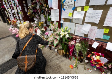 NEW YORK - JUNE 10:  People Gather To Pay Repects In Honor of The Death of Anthony Bourdain in Front of Les Halles Restaurant June 10, 2018 in New York City. (Photo by Donald Bowers )
