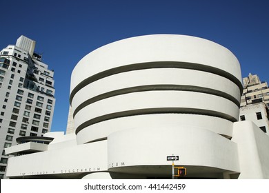 NEW YORK - JUNE 14, 2016: The Solomon R. Guggenheim Museum Of Modern And Contemporary Art In Manhattan. Designed By Frank Lloyd Wright Museum Opened On October 21,1959