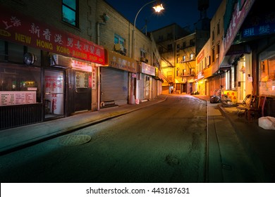 NEW YORK - JUNE 18, 2016: Doyers Street By Night, In NYC Chinatown. The Street Bend Became Known As 