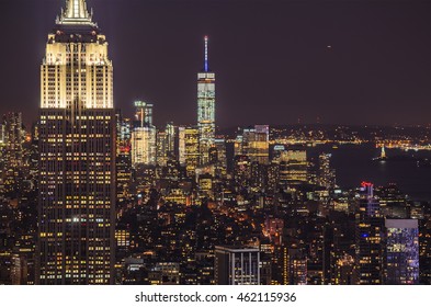 NEW YORK - JUNE 2016: Aerial view of lower Manhattan, at left the Empire State Building. Night cityscape of New York City, view from Rockfeller Centre. United States of America.