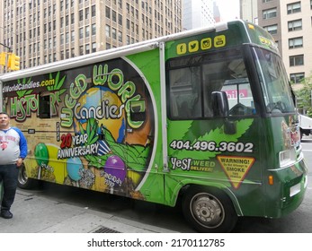 New York, New York - June, 2022: A Mobile Dispensary Seen Parked On A Manhattan Street Where Recreational Marijuana Is Legal