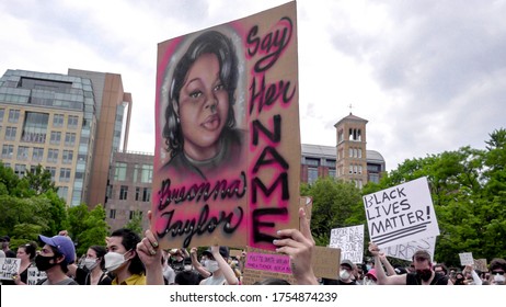NEW YORK - JUNE 5, 2020: Sign For Breonna Taylor With Say Her Name At Black Lives Matter Rally For George Floyd, Peaceful Protest In Washington Square Park, New York City, NYC.