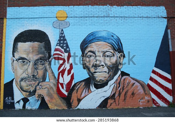 NEW YORK - JUNE 6, 2015: Mural art in Brooklyn.A mural is any piece of artwork painted or applied directly on a wall, ceiling or other large permanent surface