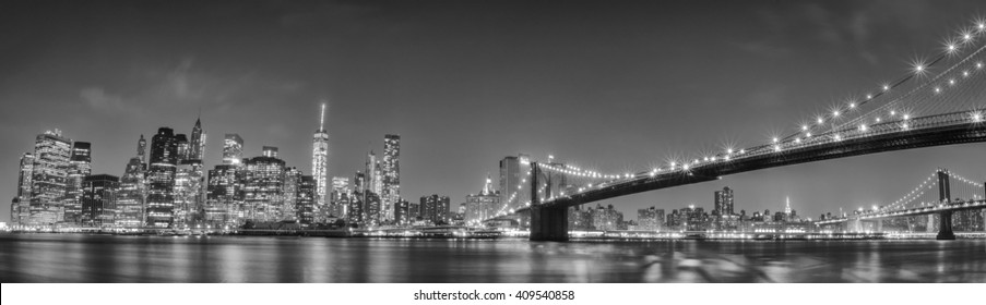 New York Manhattan Night View From Dumbo Brooklyn In B&w