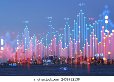 New York Manhattan skyline with a holographic overlay of stock market data, evening lighting, and water in the foreground. Concept of urban technology and business. Double exposure - Powered by Shutterstock