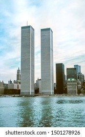 NEW YORK, Manhattan, United States., Circa 1980: Archival Historical Twin Towers Of World Trade Center From Hudson River. Skyline Of Manhattan, New York Cityscape, United States. Vertical Shot.