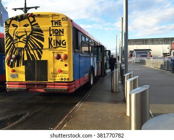 NEW YORK, MANHATTAN, USA: FEBRUARY 25 2016: Bus At The Ferry Building, Decorated With Broadway Show The Lion King