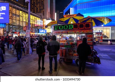 New York (Manhattan), USA - January 20, 2018 : Street Food Vendor Cart In Times Square At Night.