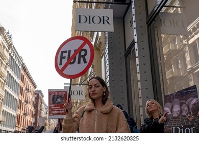 NEW YORK, NEW YORK - MARCH 05, 2022: Animal Rights Activists Hold A Peaceful NYC's Anti-Fur Protest Protesting Dior, Fendi And Louis Vuitton For Refusing To Go Fur Free.