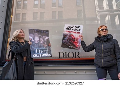 NEW YORK, NEW YORK - MARCH 05, 2022: Animal Rights Activists Hold A Peaceful NYC's Anti-Fur Protest Protesting Dior, Fendi And Louis Vuitton For Refusing To Go Fur Free.