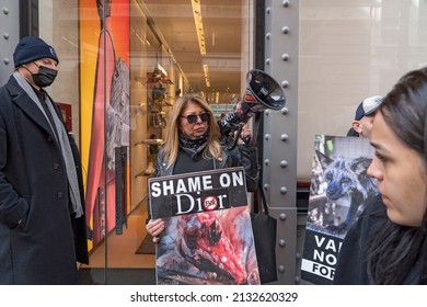 NEW YORK, NEW YORK - MARCH 05, 2022: Animal Rights Activists Hold A Peaceful NYC's Anti-Fur Protest Protesting Dior, Fendi And Louis Vuitton For Refusing To Go Fur Free.