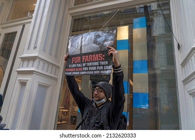 NEW YORK, NEW YORK - MARCH 05, 2022: Animal Rights Activists Hold A Peaceful NYC's Anti-Fur Protest Protesting Dior, Fendi And Louis Vuitton For Refusing To Go Fur Free.