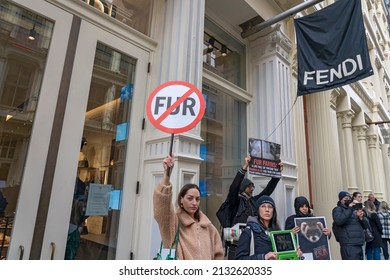 NEW YORK, NEW YORK - MARCH 05, 2022: Animal Rights Activists Hold A Peaceful NYC's Anti-Fur Protest Protesting Dior, Fendi And Louis Vuitton For Refusing To Go Fur Free.