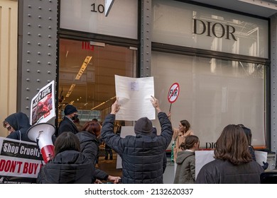 NEW YORK, NEW YORK - MARCH 05, 2022: Animal Rights Activists Hold A Peaceful NYC's Anti-Fur Protest Protesting Dior, Fendi And Louis Vuitton For Refusing To Go Fur Free.