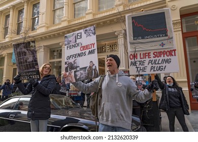 NEW YORK, NEW YORK - MARCH 05, 2022: Animal Rights Activists Hold A Peaceful NYC's Anti-Fur Protest Protesting Dior, Fendi And Louis Vuitton For Refusing To Go Fur Free.