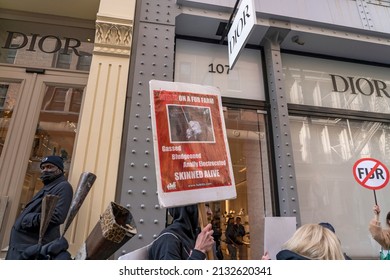 NEW YORK, NEW YORK - MARCH 05, 2022: Animal Rights Activists Hold A Peaceful NYC's Anti-Fur Protest Protesting Dior, Fendi And Louis Vuitton For Refusing To Go Fur Free.