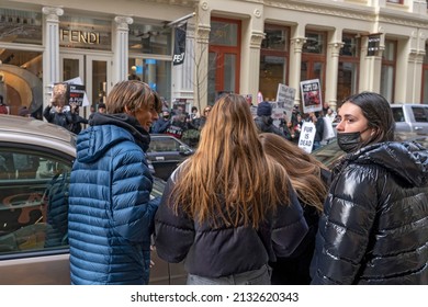 NEW YORK, NEW YORK - MARCH 05, 2022: Animal Rights Activists Hold A Peaceful NYC's Anti-Fur Protest Protesting Dior, Fendi And Louis Vuitton For Refusing To Go Fur Free.