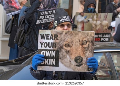 NEW YORK, NEW YORK - MARCH 05, 2022: Animal Rights Activists Hold A Peaceful NYC's Anti-Fur Protest Protesting Dior, Fendi And Louis Vuitton For Refusing To Go Fur Free.