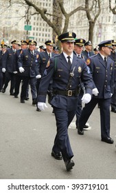 NEW YORK - MARCH 17, 2016: Nassau County Police Officers Marching At The St. Patrick's Day Parade In New York.