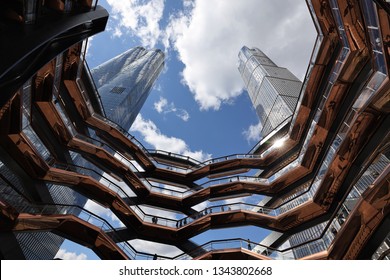 NEW YORK - MARCH 19, 2019: The Vessel, the centerpiece of the Public Square and Gardens at Hudson Yards, opened on Manhattan's West Side. The elaborate honeycomb-like structure rises 16 stories