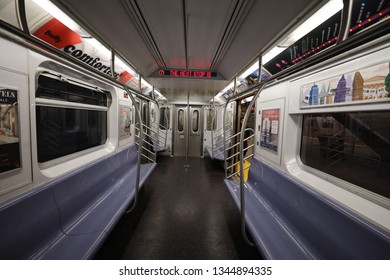 NEW YORK - MARCH 19, 2019: Inside Of NYC Subway Car At 34th Street-Hudson Yards Subway Station In Manhattan. Owned By The NYC Transit Authority, The Subway System Has 469 Stations In Operation