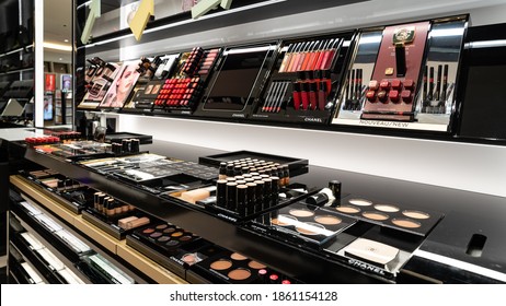 NEW YORK - MARCH, 2020: Beauty Products For Make Up By Chanel. Chanel Is A High Fashion House Specialized In Women's Haute Couture Clothes, Luxury Goods, And Fashion, And Accessories.