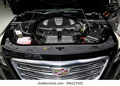 NEW YORK - March 23: A Cadillac CT6 hood open and exhibit at the 2016 New York International Auto Show during Press day,  public show is running from March 25th through April 3, 2016 in New York, NY.